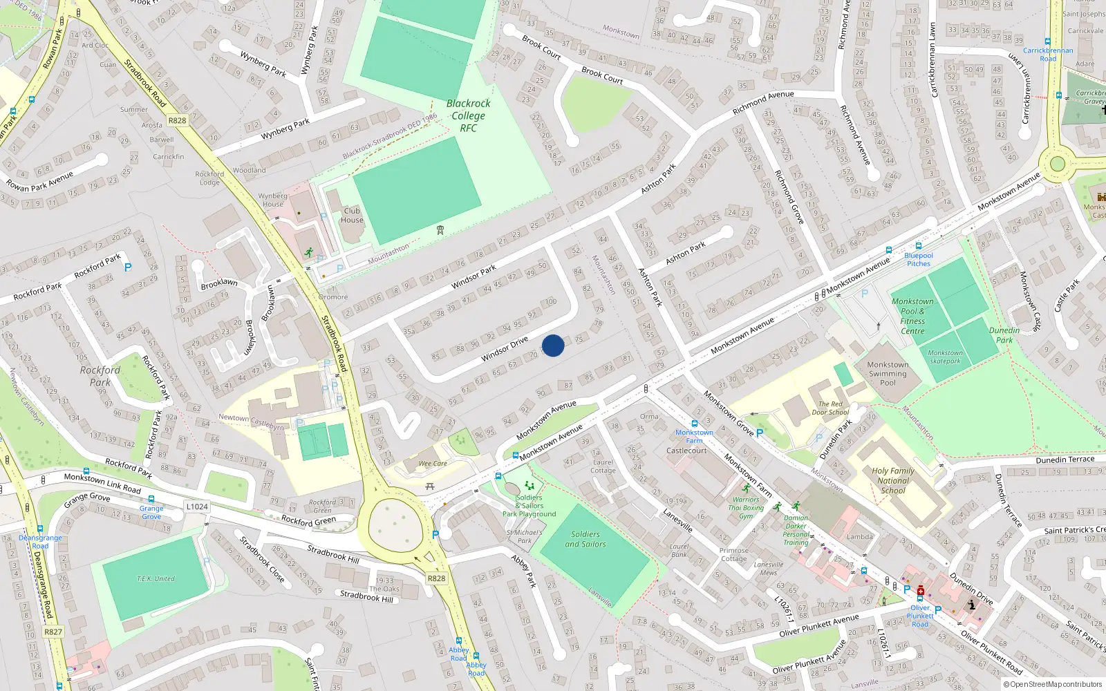 Overhead map showing the location of 72 Windsor Drive, Monkstown