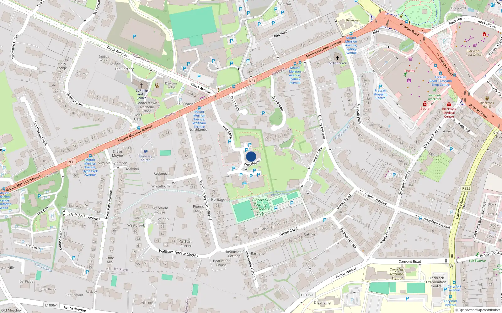 Overhead map showing the location of 72 Woodview, Mount Merrion Aveune, Blackrock