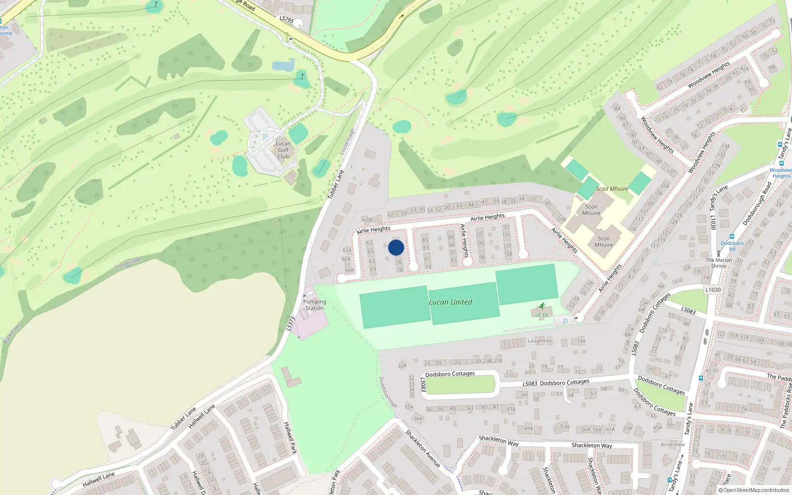 Overhead map showing the location of 73 Airlie Heights, Lucan, Dublin