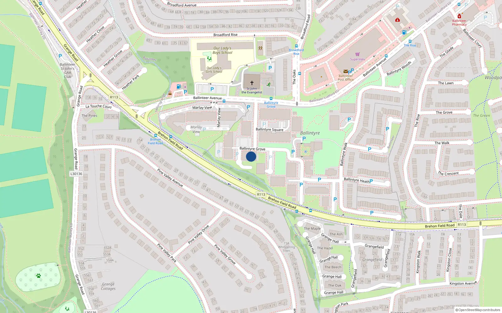 Overhead map showing the location of 73 Ballintyre Grove, Dublin 16