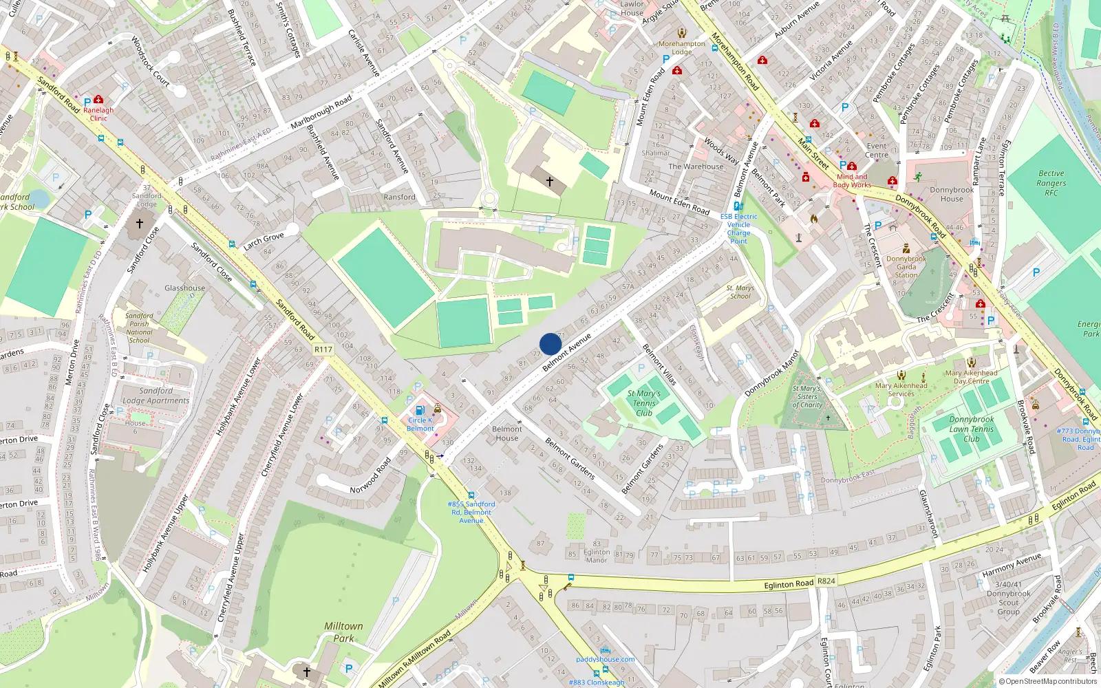 Overhead map showing the location of 73 Belmont Avenue, Donnybrook