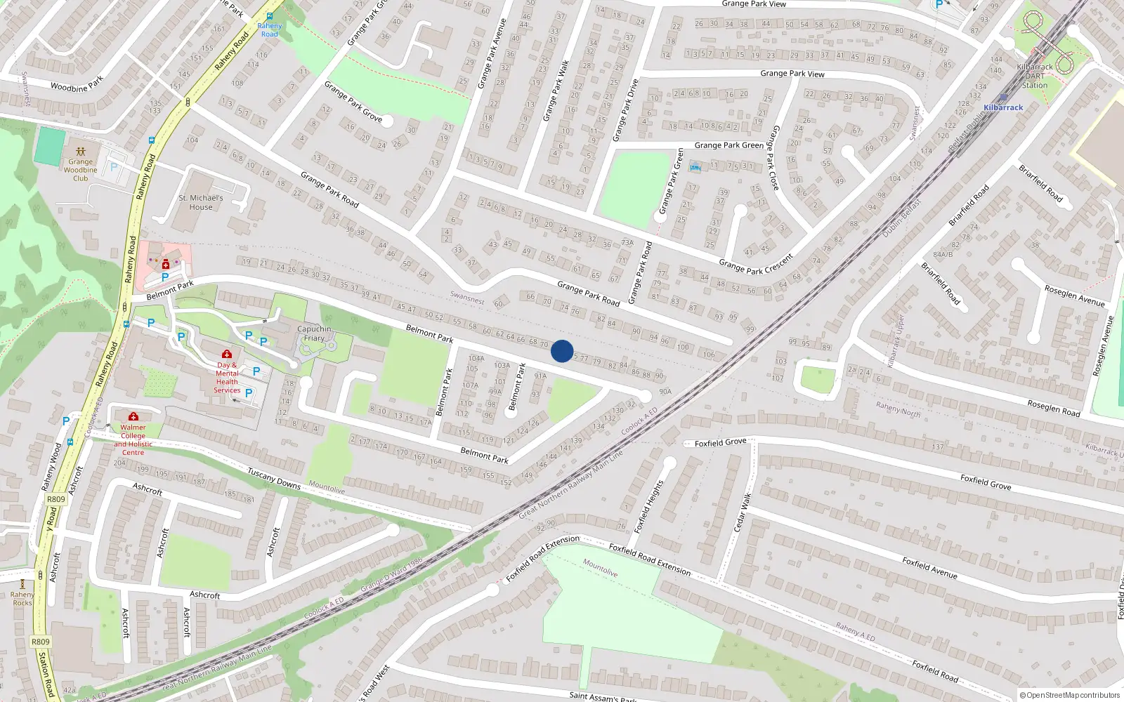 Overhead map showing the location of 73 Belmont Park, Dublin 5