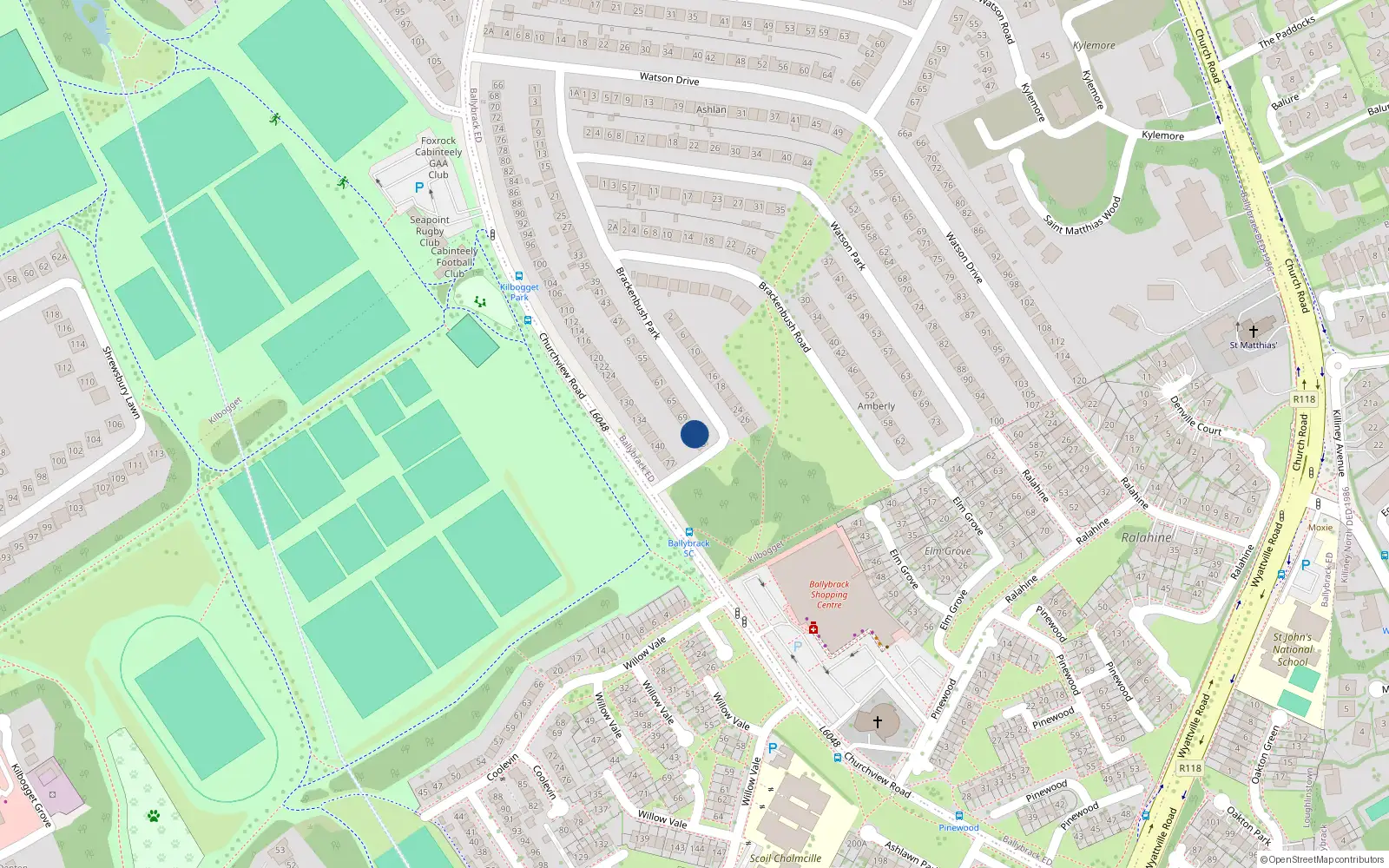 Overhead map showing the location of 73 Brackenbush Park, Killiney