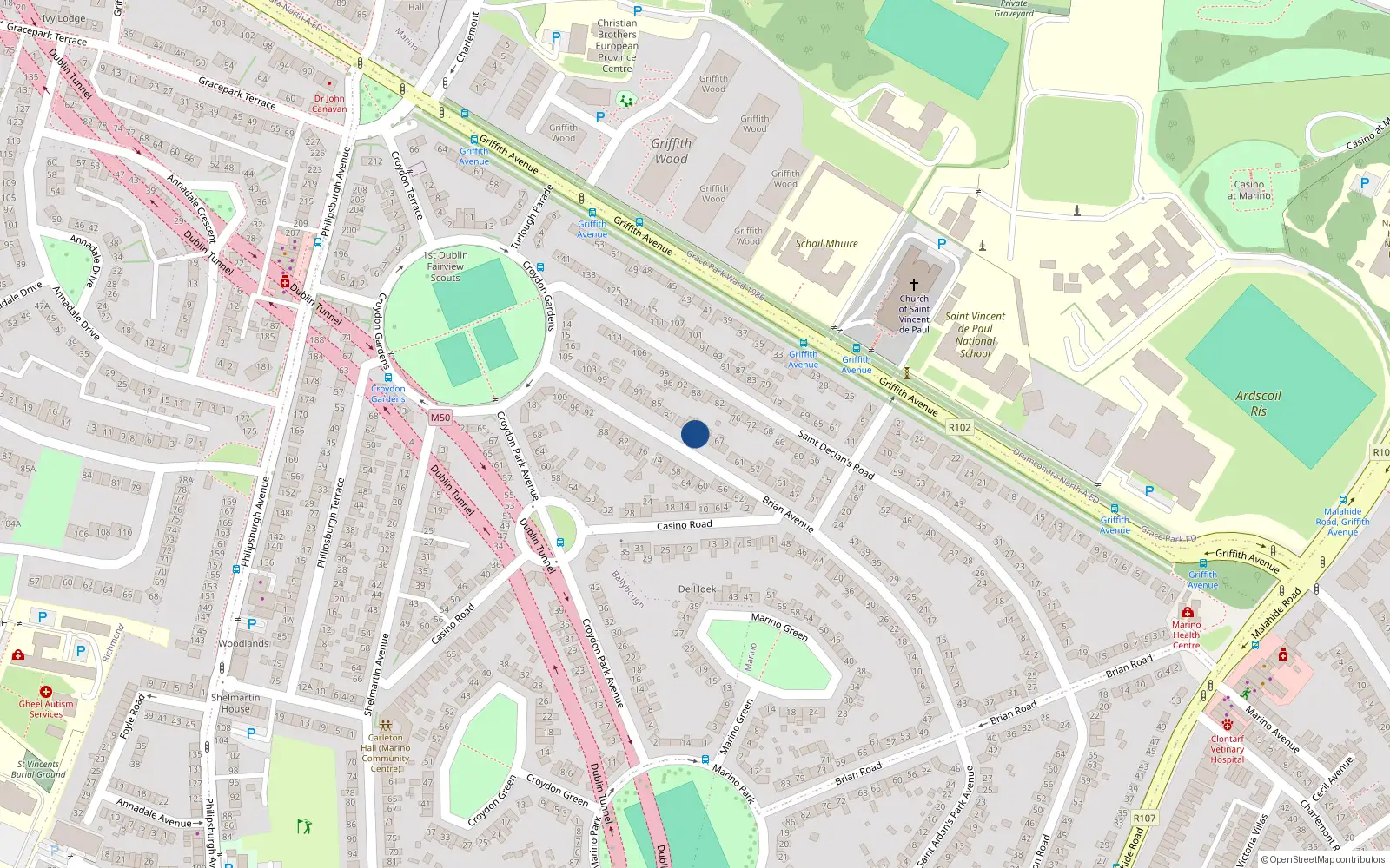 Overhead map showing the location of 73 Brian Avenue, Marino, Dublin 3