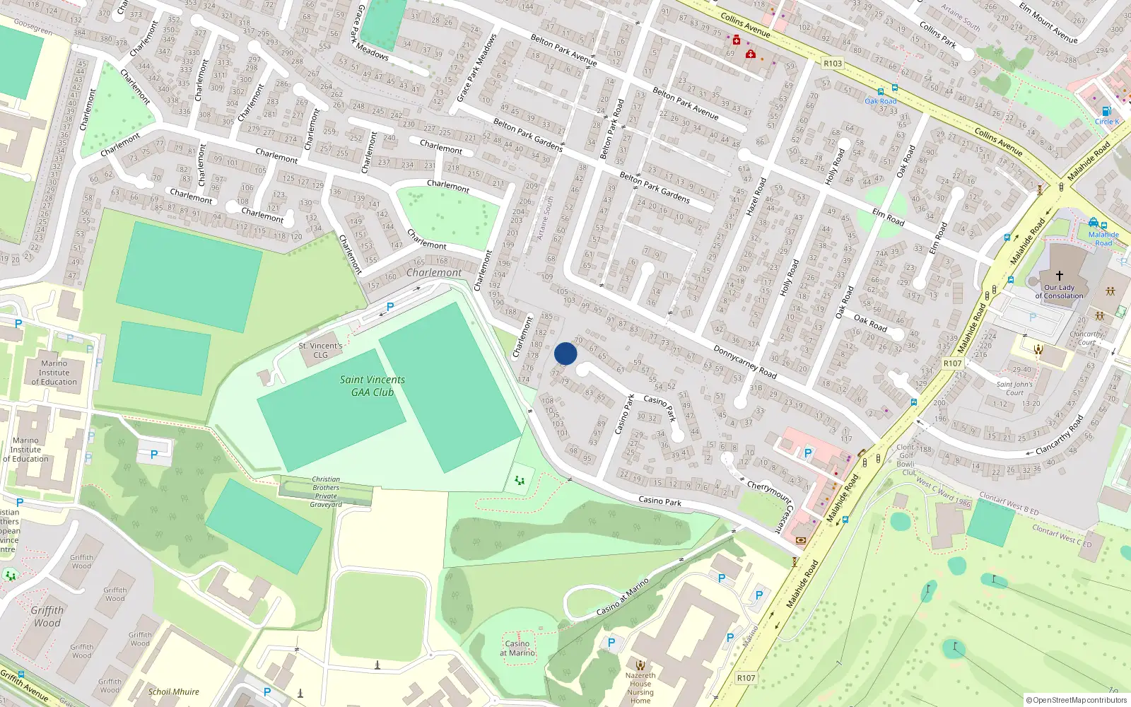 Overhead map showing the location of 73 Casino Park, Malahide Road, Dublin 3