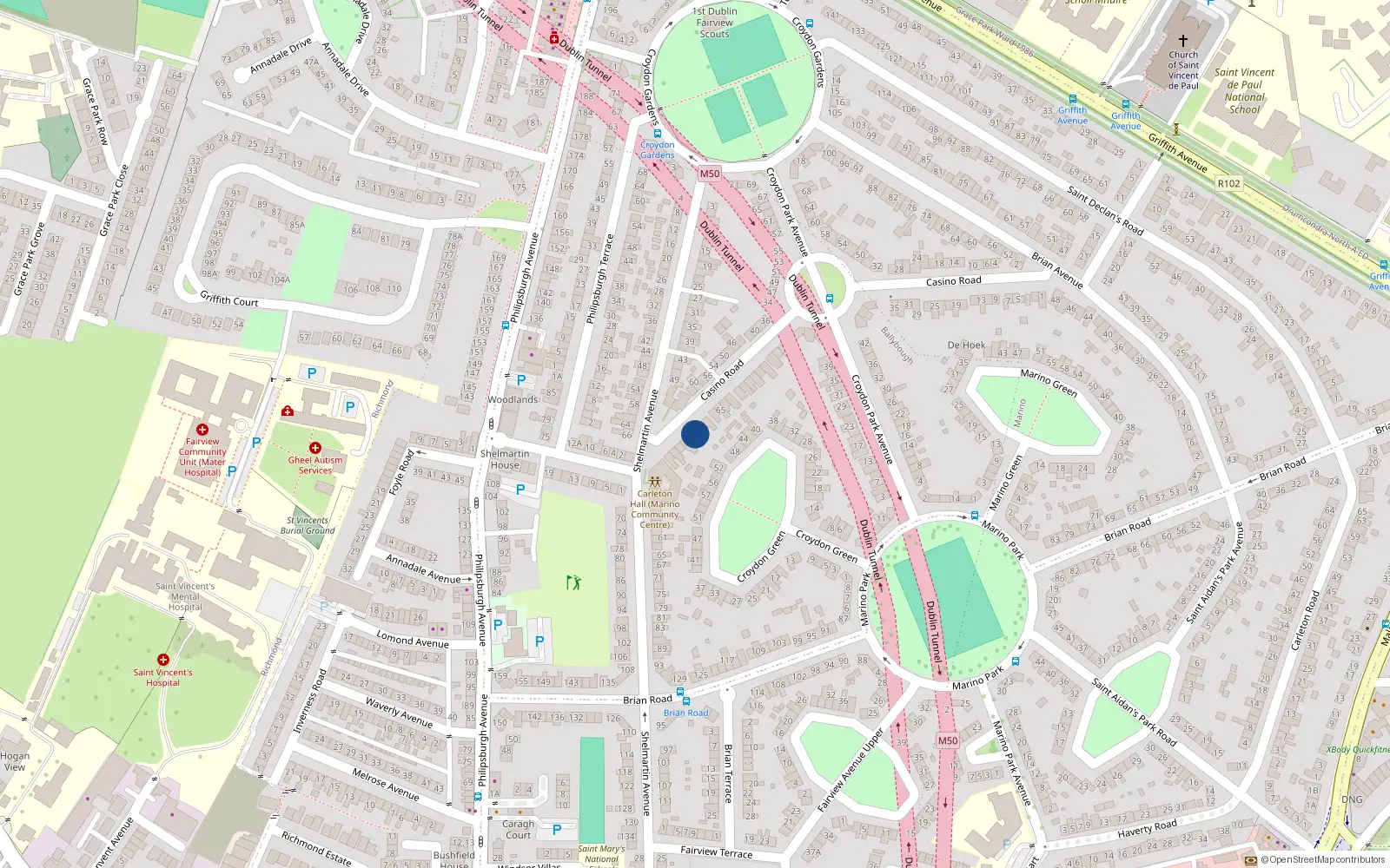 Overhead map showing the location of 73 Casino Road, Marino, Dublin 3