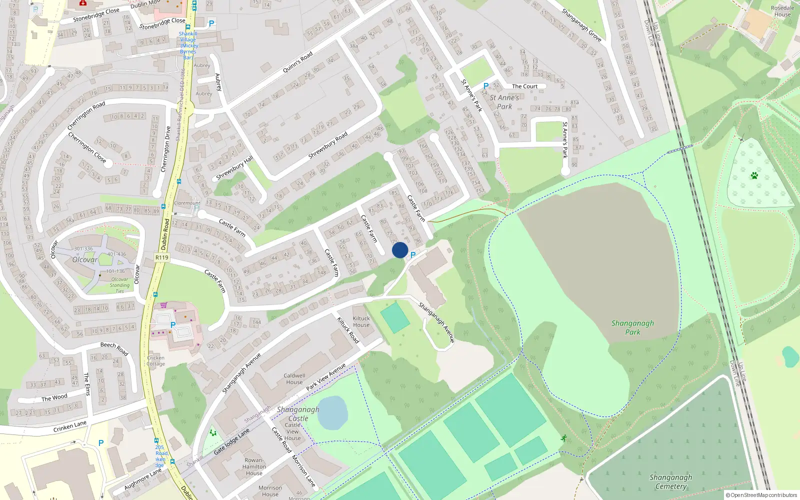 Overhead map showing the location of 73 Castle Farm, Shankill