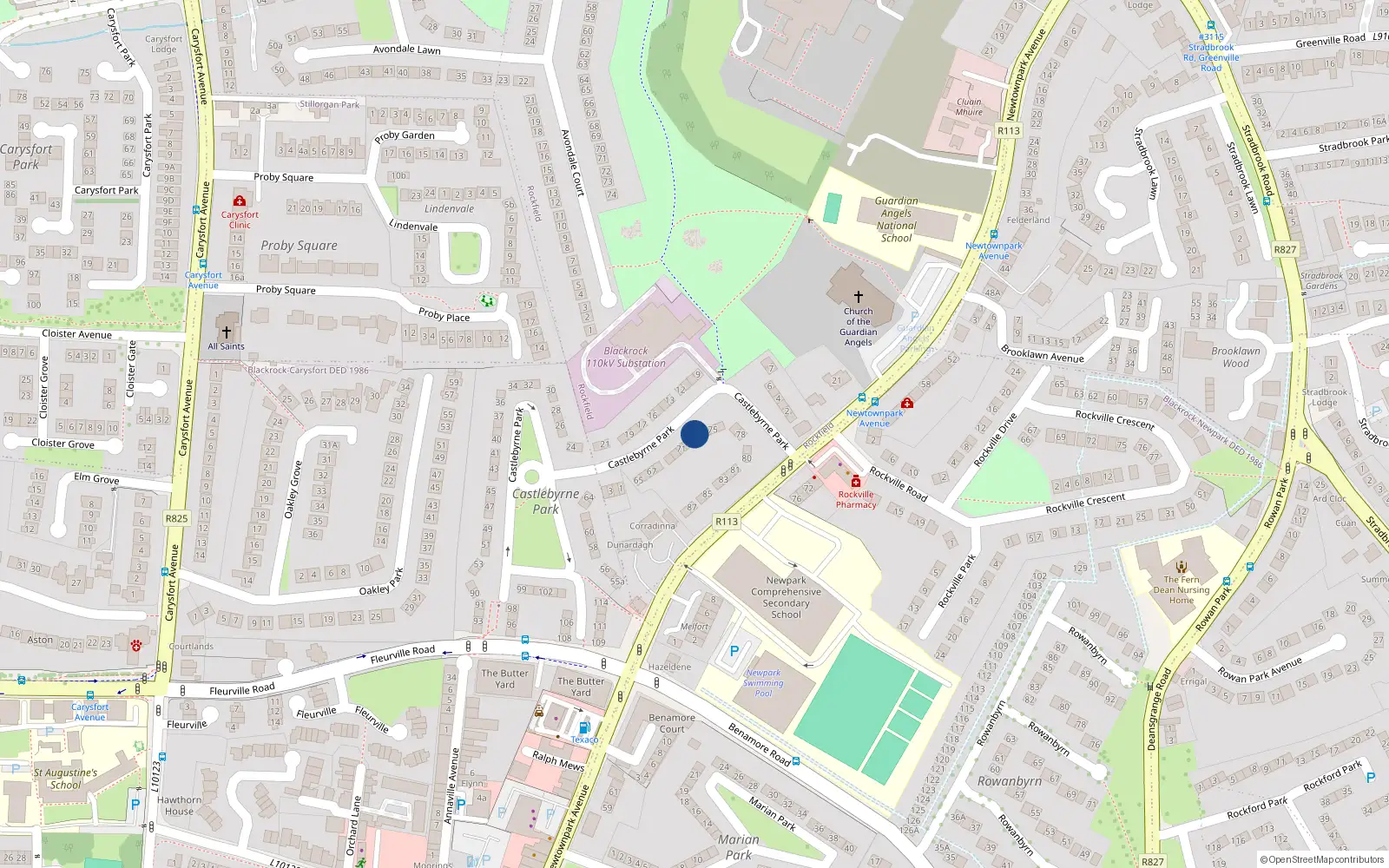 Overhead map showing the location of 73 Castlebyrne Park, Blackrock, Dublin
