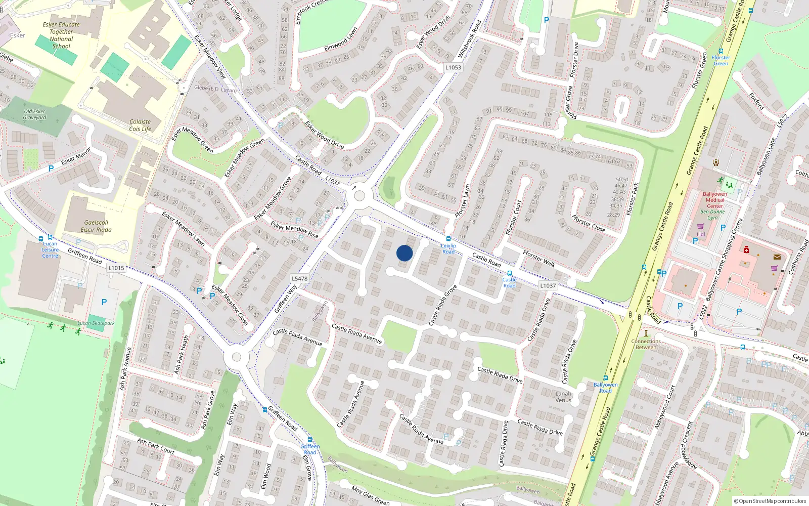 Overhead map showing the location of 73 Castleriada Grove, Lucan, Dublin