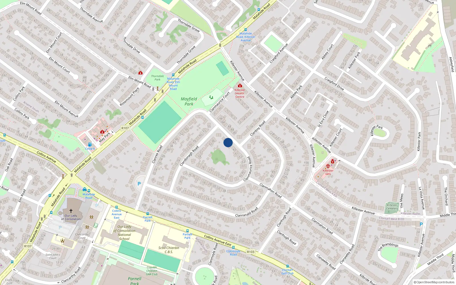 Overhead map showing the location of 73 Clanmaurice Road, Dublin 5