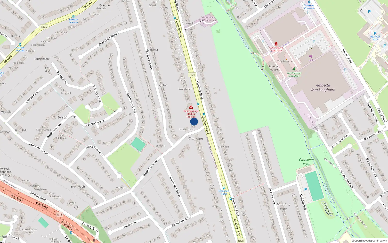 Overhead map showing the location of 73 Clonkeen Road, Blackrock, Dublin