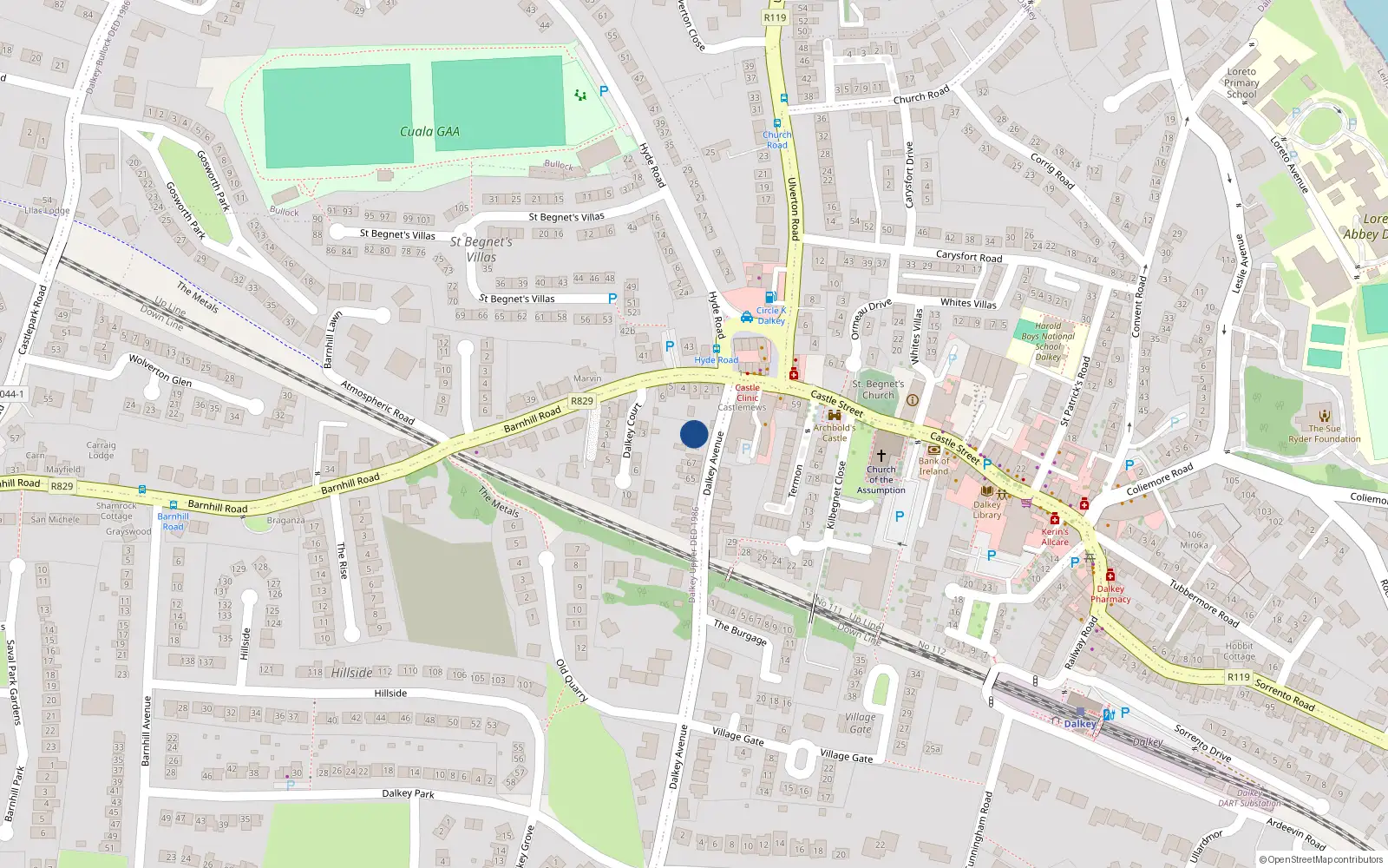 Overhead map showing the location of 73 Dalkey Avenue, Dalkey