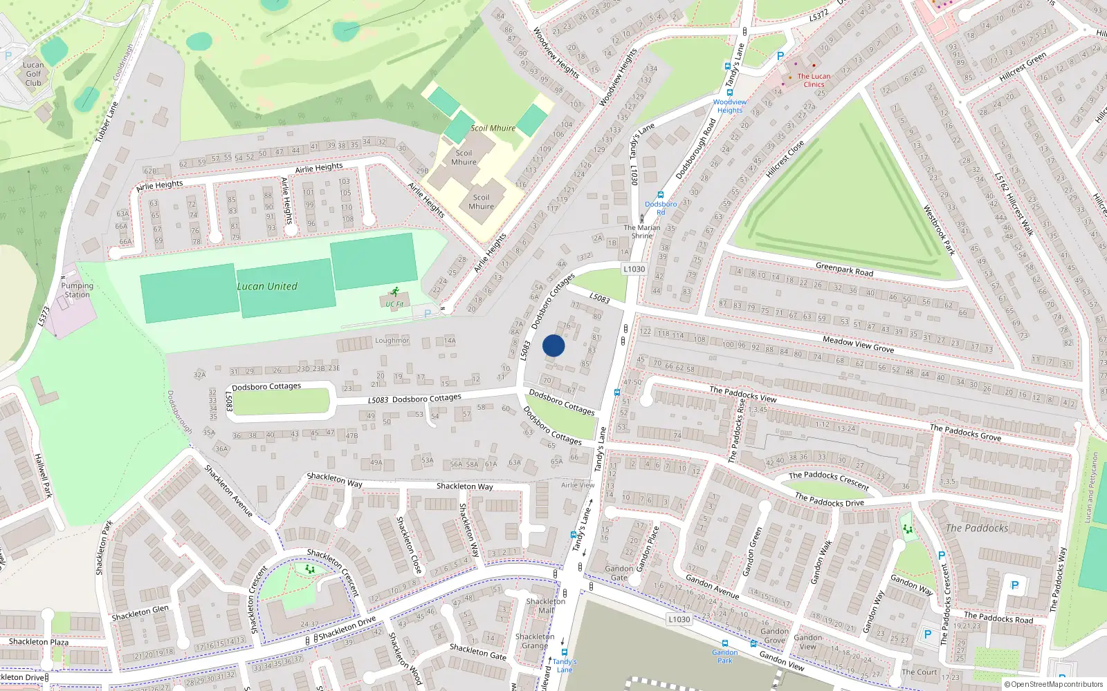 Overhead map showing the location of 73 Dodsborough Cottages, Lucan