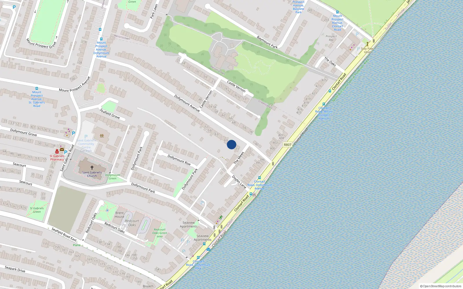 Overhead map showing the location of 73 Dollymount Avenue, Clontarf, Dublin 3