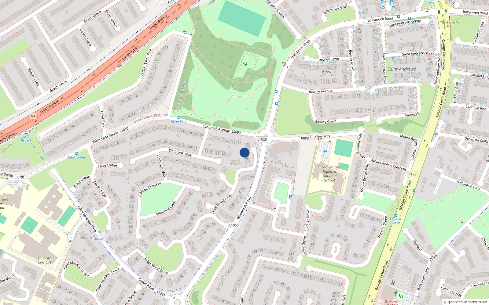 Overhead map showing the location of 73 Esker Wood Drive, Lucan, Co Dublin