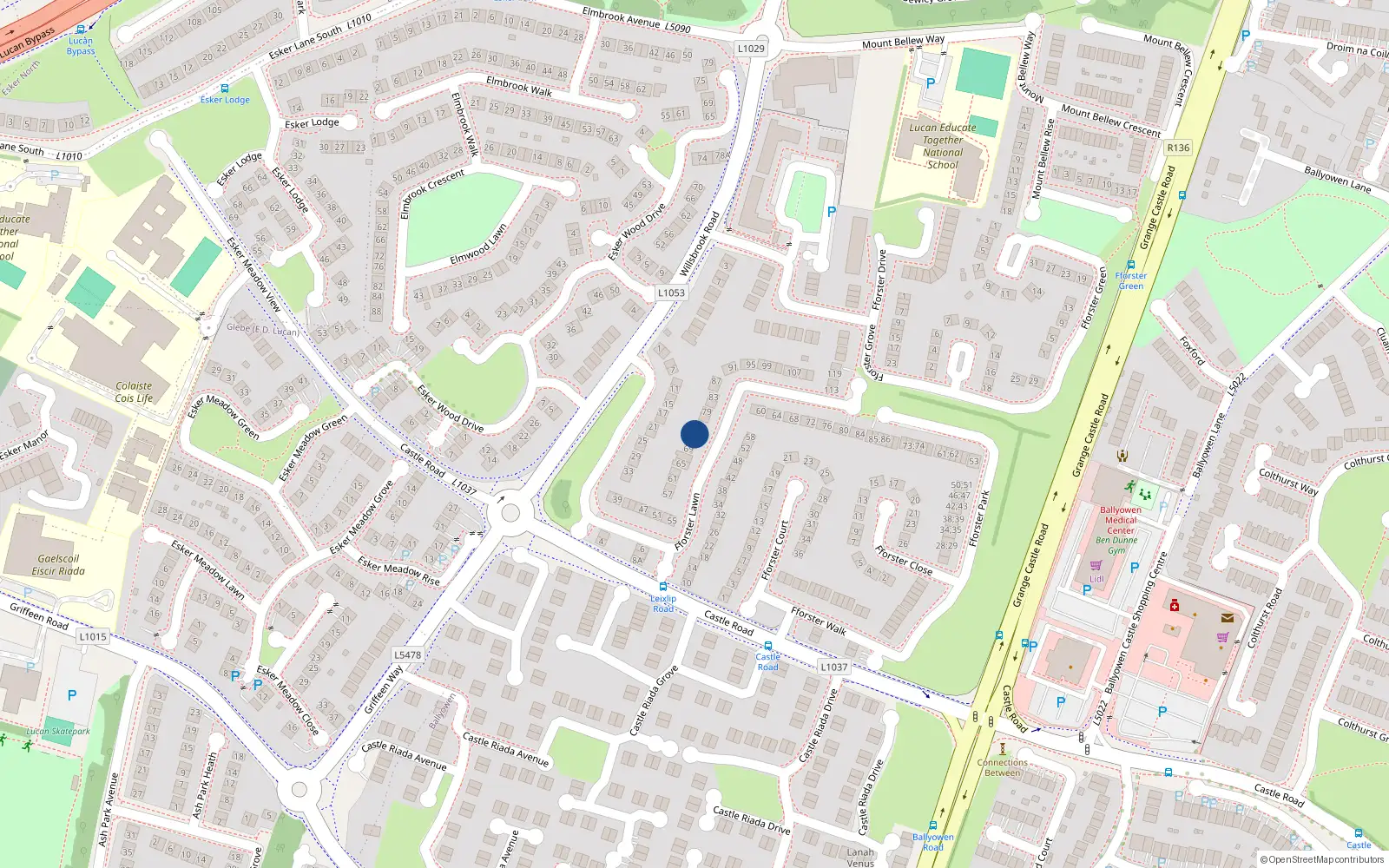 Overhead map showing the location of 73 Fforster Lawn, Ballydowd Manor, Lucan