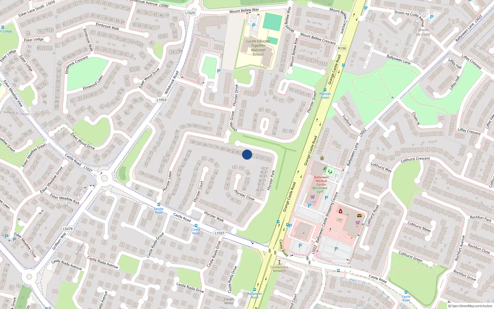Overhead map showing the location of 73 Fforster Park, Ballydowd Manor, Lucan