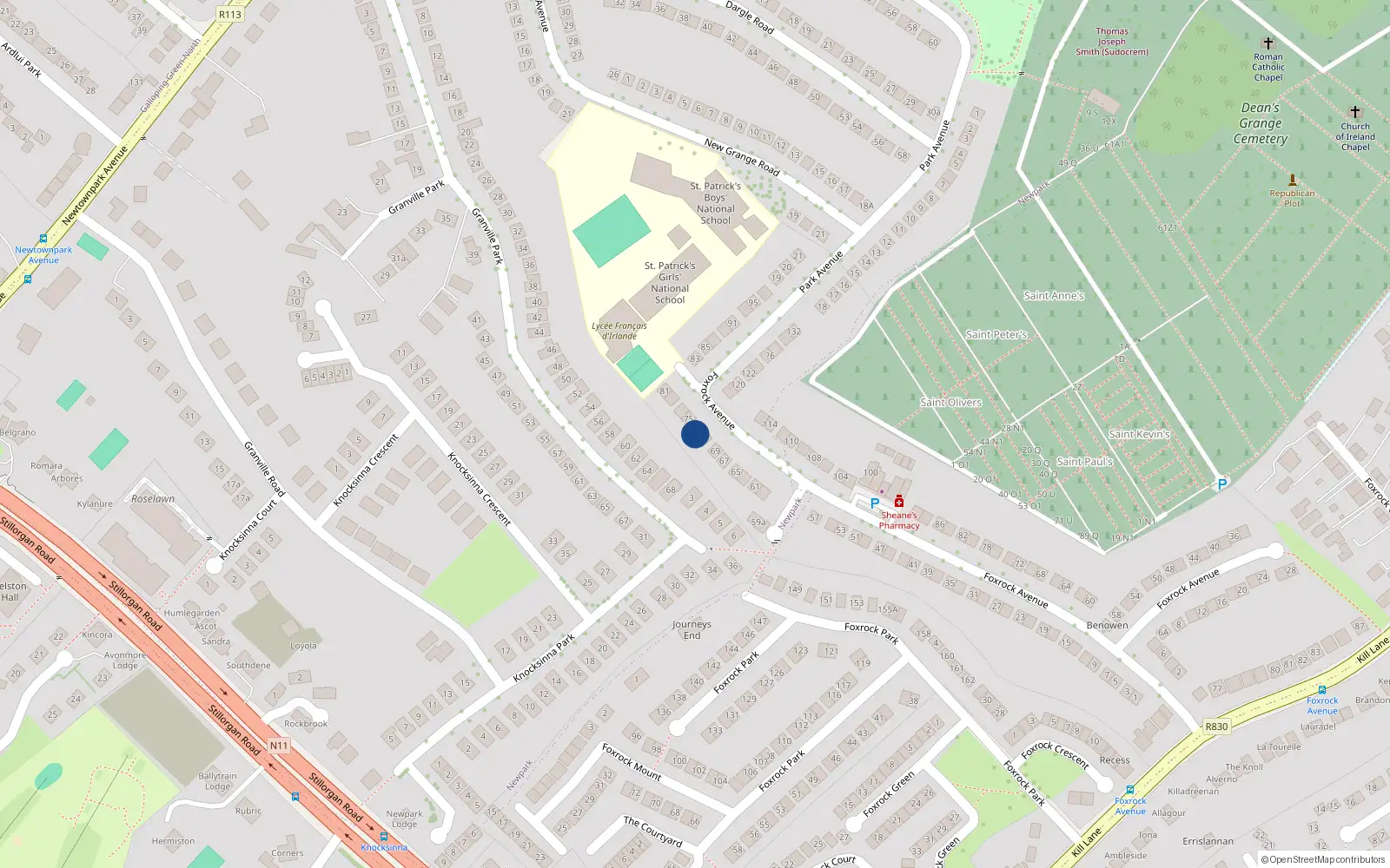Overhead map showing the location of 73 Foxrock Avenue, Dublin