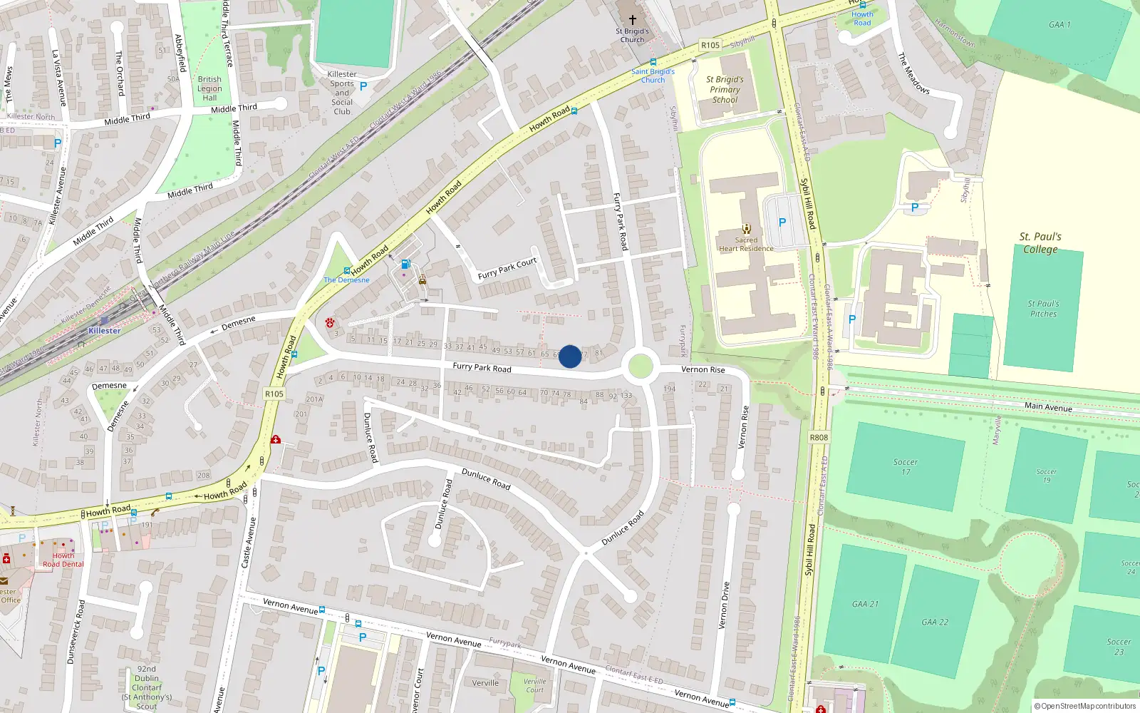 Overhead map showing the location of 73 Furry Park Road, Dublin 5