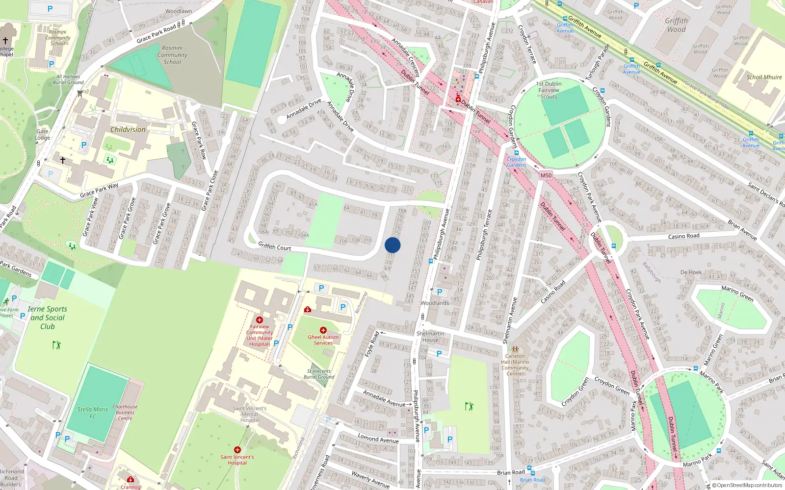 Overhead map showing the location of 73 Griffith Court, Marino, Dublin 3