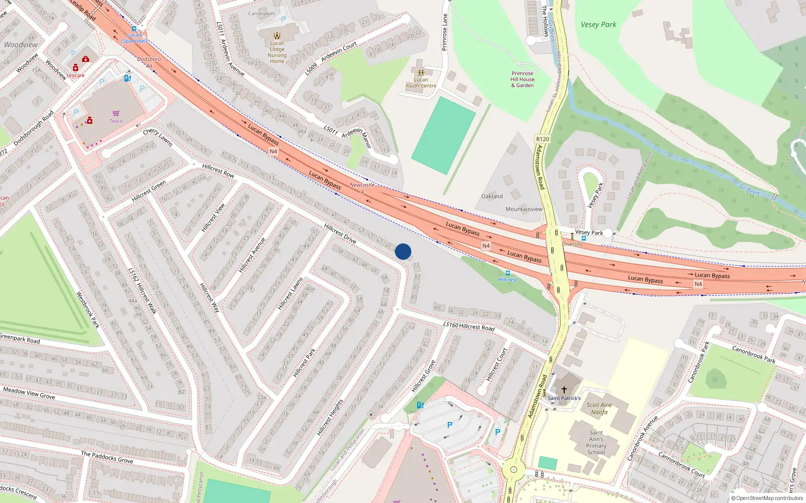 Overhead map showing the location of 73 Hillcrest Drive, Lucan