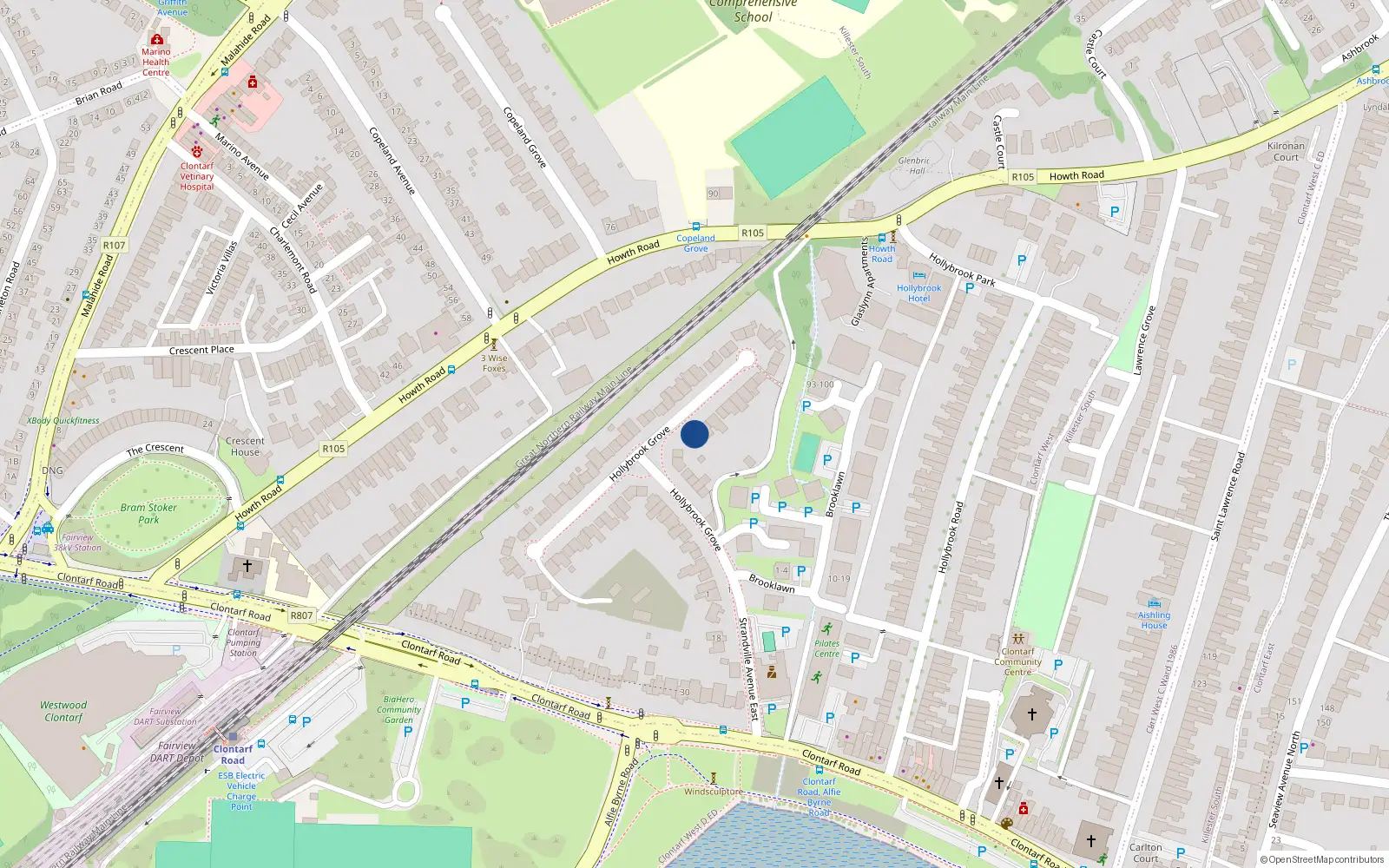 Overhead map showing the location of 73 Hollybrook Grove, Dublin 3