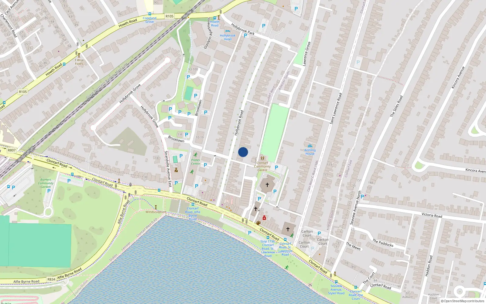 Overhead map showing the location of 73 Hollybrook Road, Dublin 3