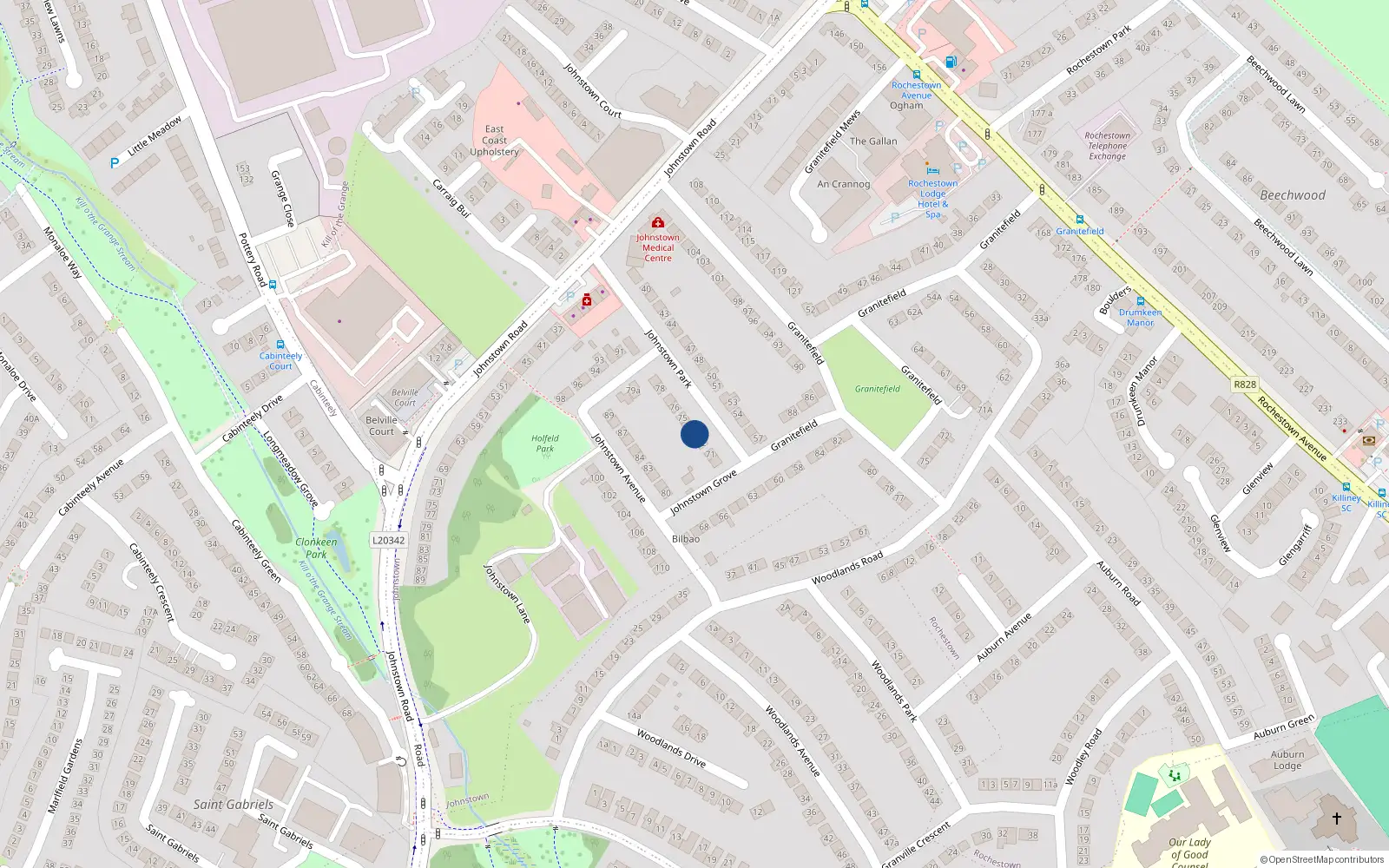 Overhead map showing the location of 73 Johnstown Park, Dublin