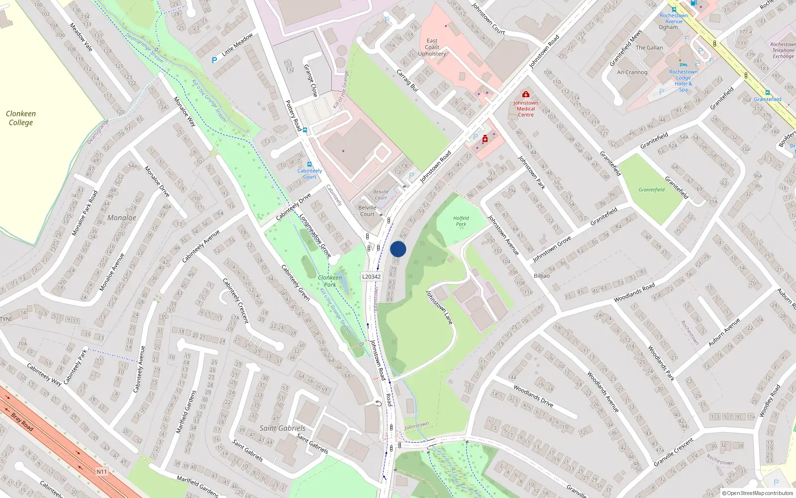 Overhead map showing the location of 73 Johnstown Road, Dun Laoghaire, Dublin