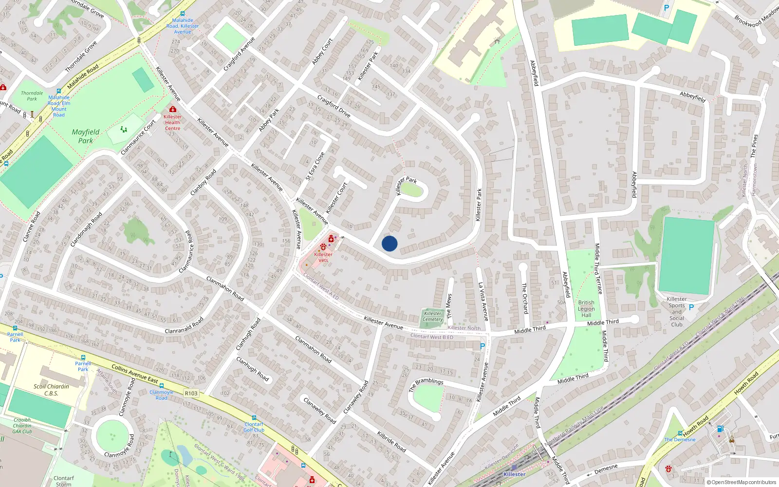 Overhead map showing the location of 73 Killester Park, Dublin 5