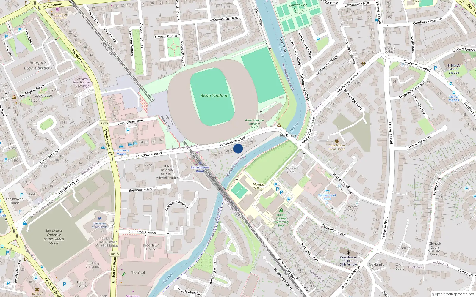 Overhead map showing the location of 73 Lansdowne Road, Dublin 4