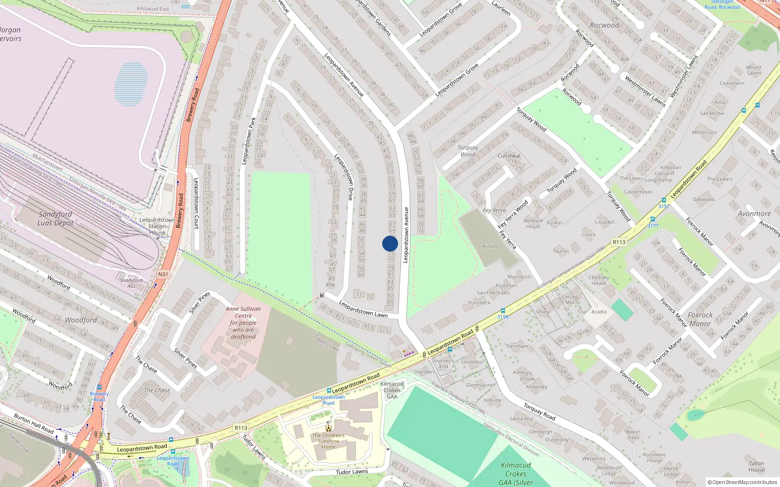 Overhead map showing the location of 73 Leopardstown Avenue, Stillorgan, Dublin