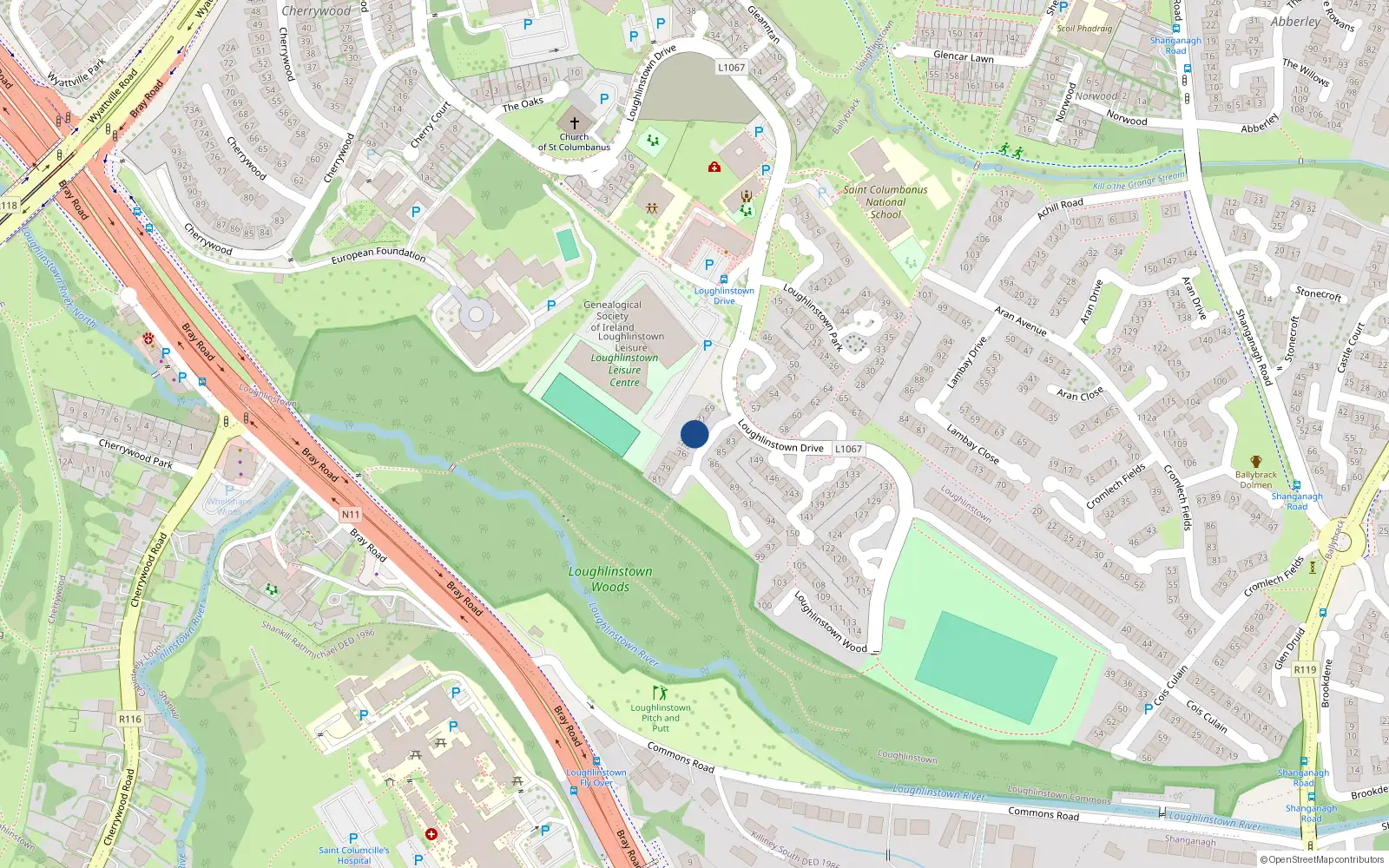 Overhead map showing the location of 73 Loughlinstown Wood, Dun Laoghaire