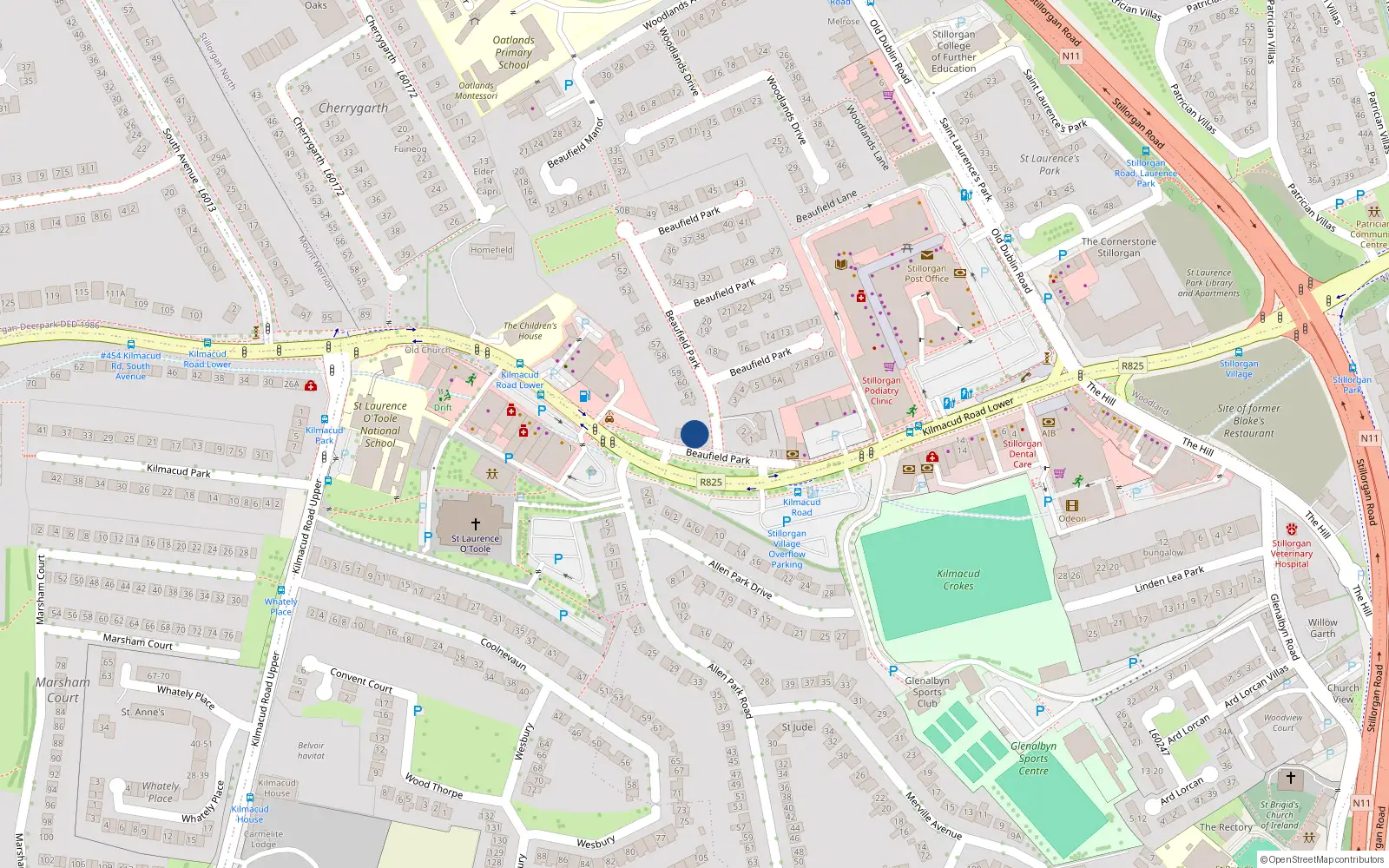Overhead map showing the location of 73 Lower Kilmacud Road, Stillorgan, Dublin