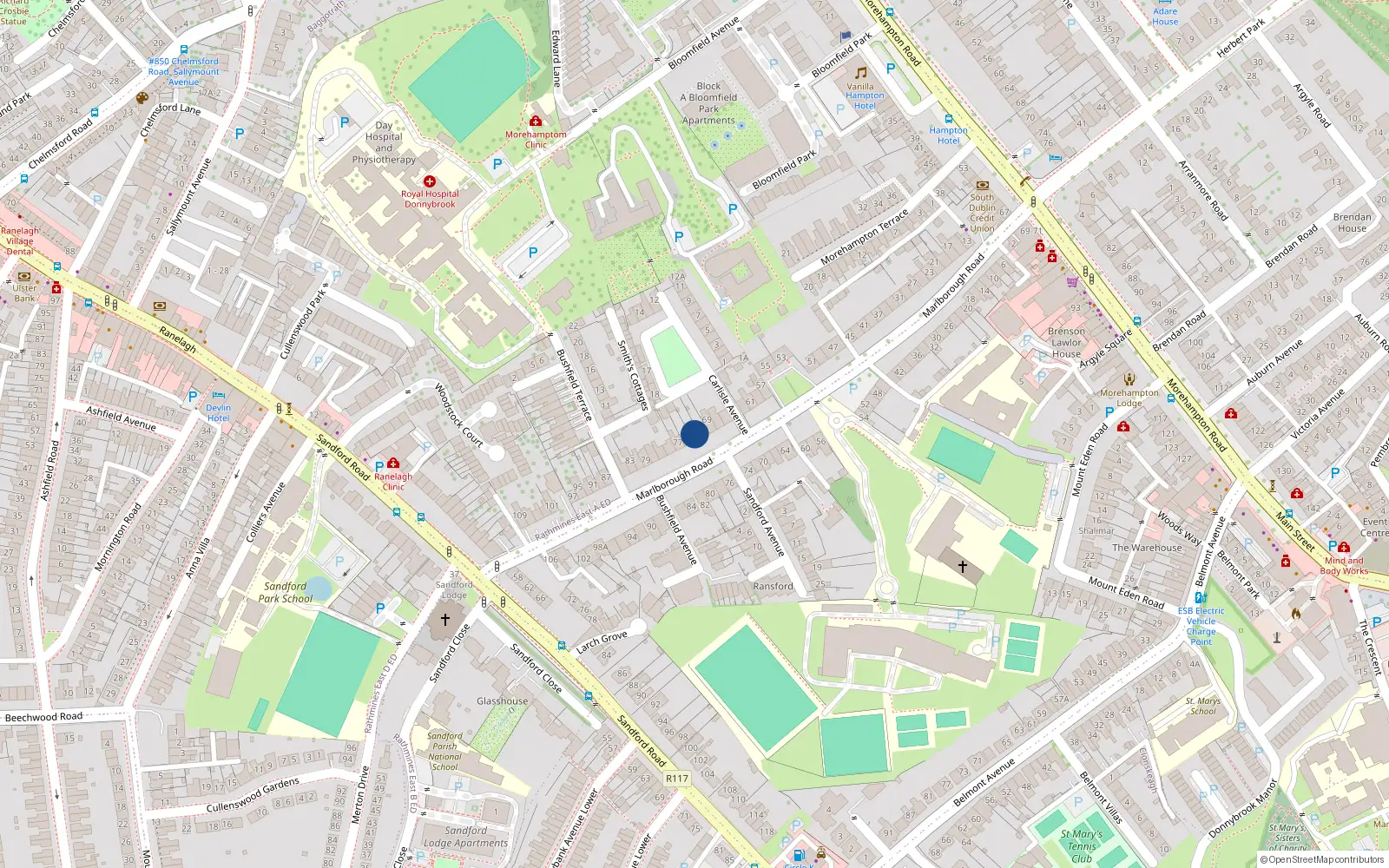 Overhead map showing the location of 73 Marlborough Road, Donnybrook