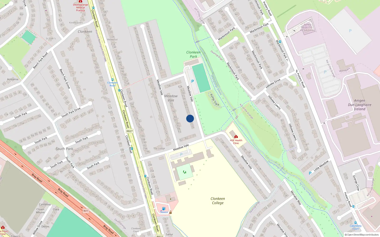 Overhead map showing the location of 73 Meadow Vale, Blackrock, Dublin