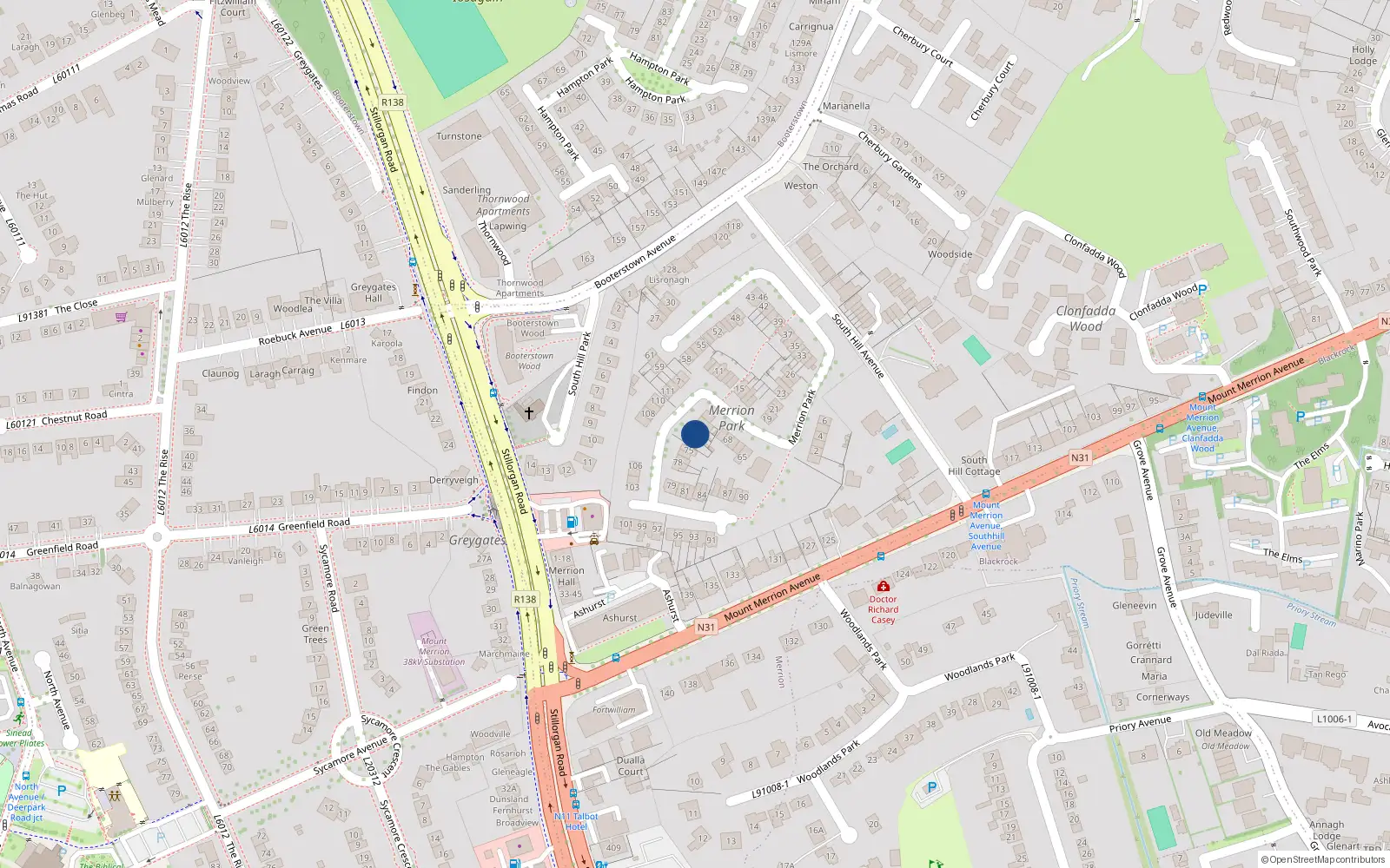 Overhead map showing the location of 73 Merrion Park, Blackrock