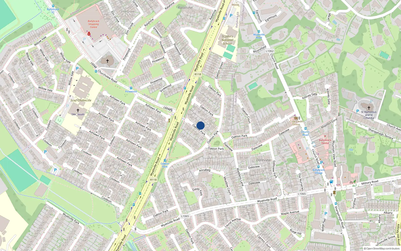 Overhead map showing the location of 73 Oakton Park, Ballybrack, Dublin