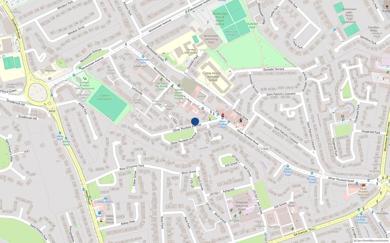 Overhead map showing the location of 73 Oliver Plunkett Avenue, Dun Laoghaire, Dublin