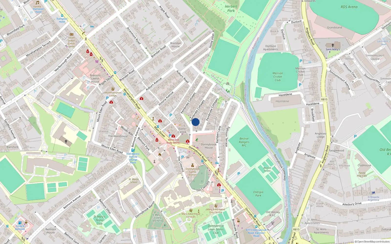 Overhead map showing the location of 73 Pembroke Cottages, Dublin