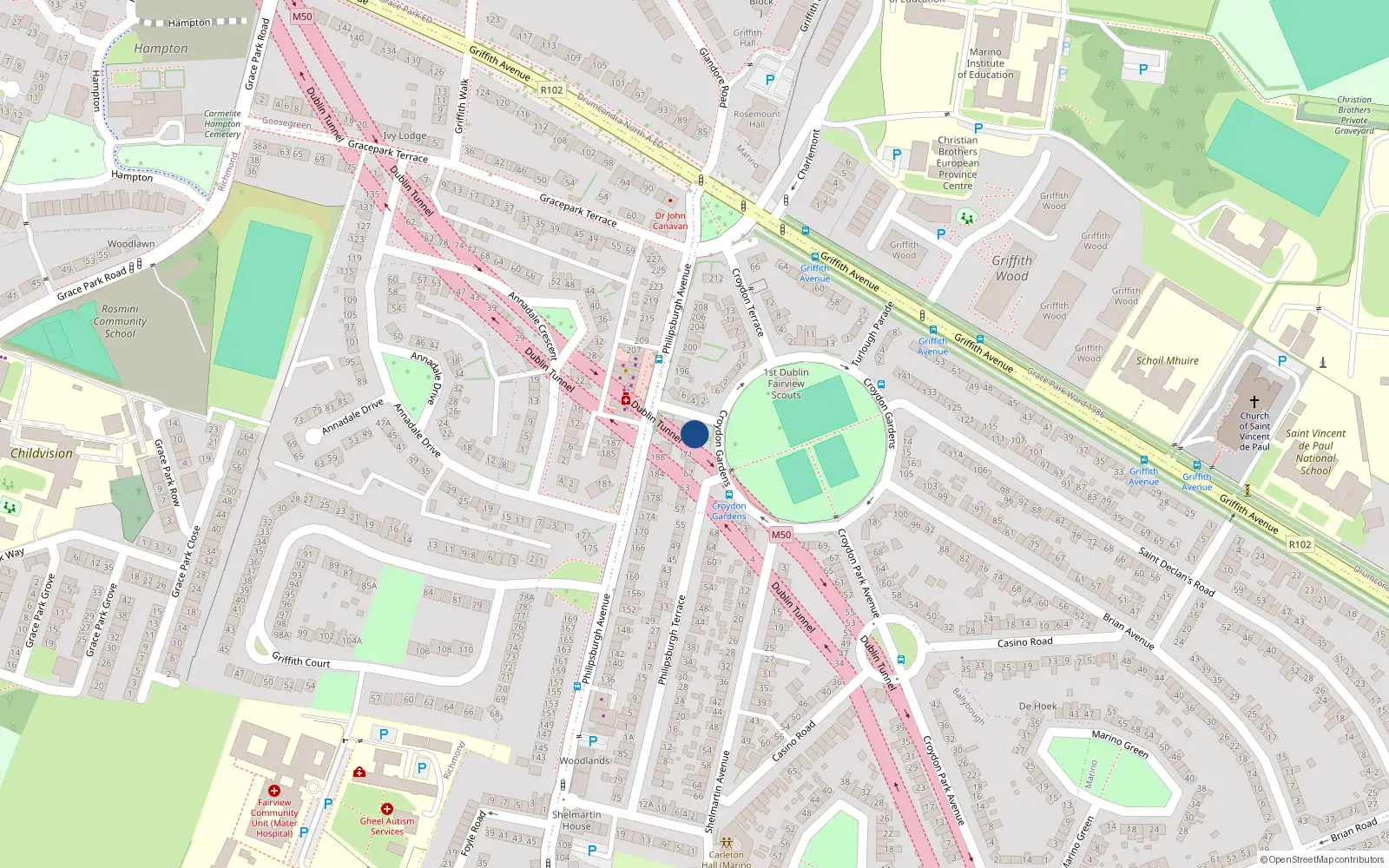Overhead map showing the location of 73 Philipsburgh Terrace, Marino, Dublin 3