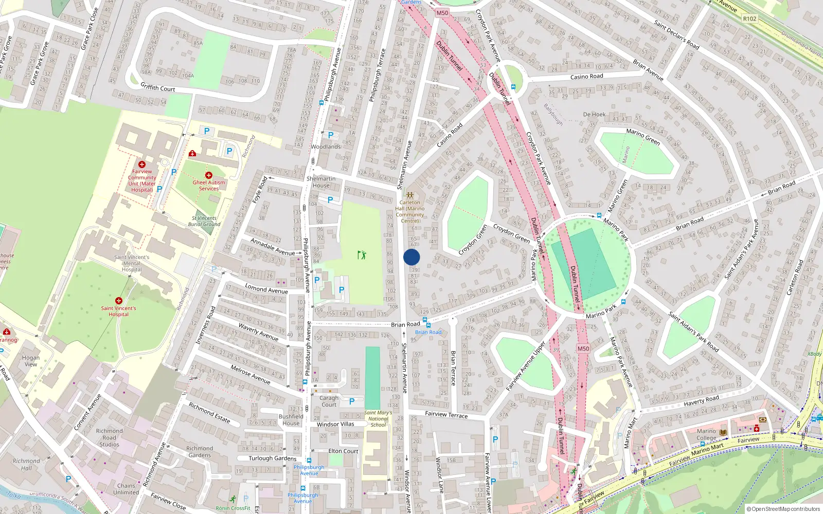 Overhead map showing the location of 73 Shelmartin Avenue, Marino, Dublin 3