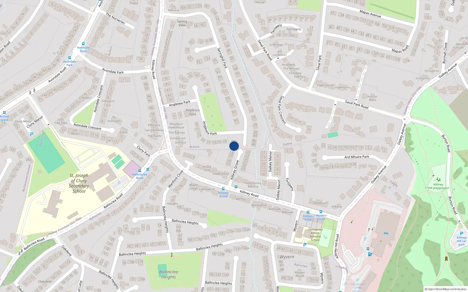Overhead map showing the location of 73 Springhill Park, Dalkey