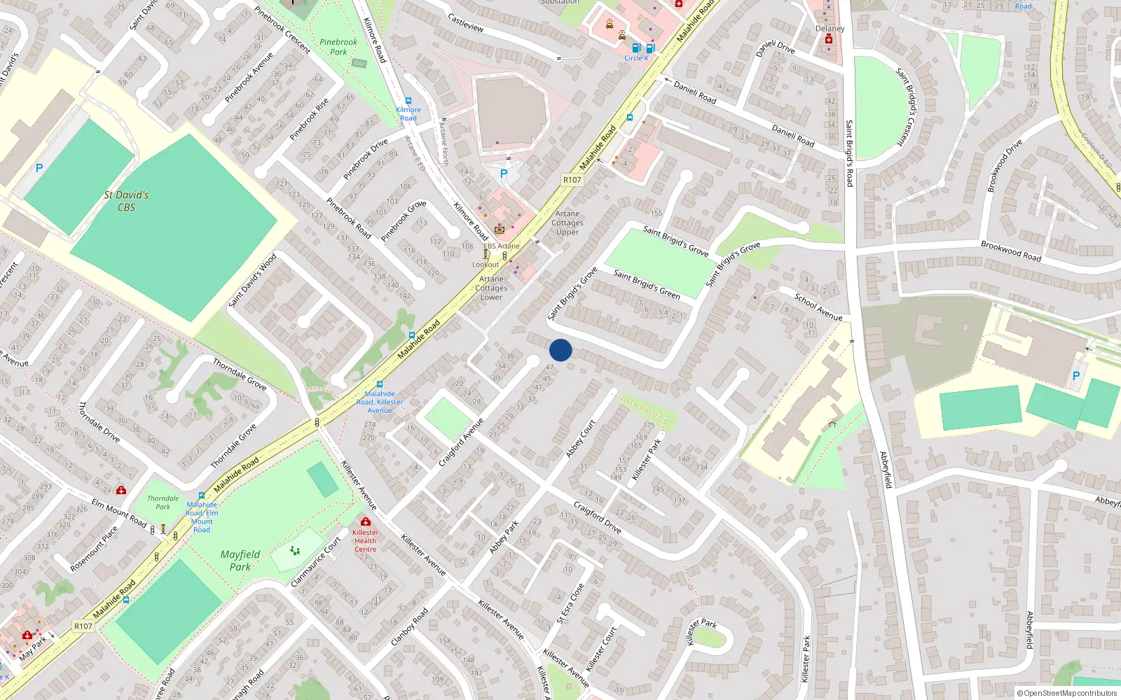 Overhead map showing the location of 73 St Brigids Grove, Killester, Dublin 5