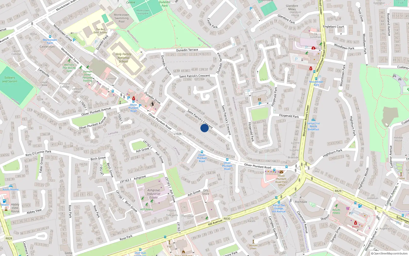 Overhead map showing the location of 73 Saint Patrick's Crescent, Dun Laoghaire