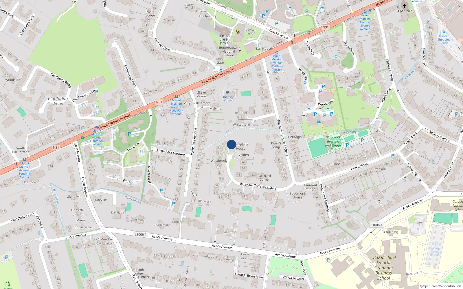 Overhead map showing the location of 73 Waltham Terrace, Blackrock, Co Dublin