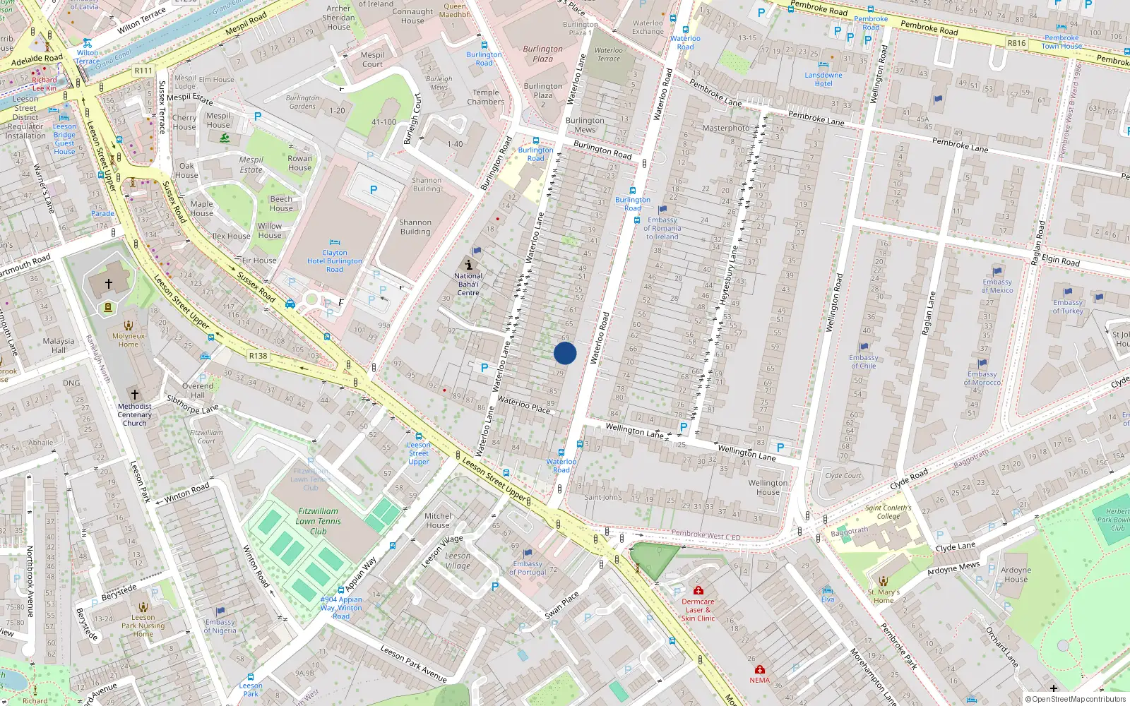 Overhead map showing the location of 73 Waterloo Road, Dublin 4