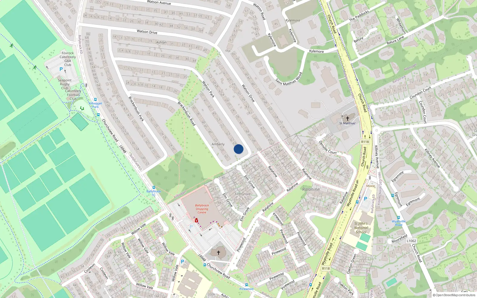 Overhead map showing the location of 73 Watson Park, Killiney
