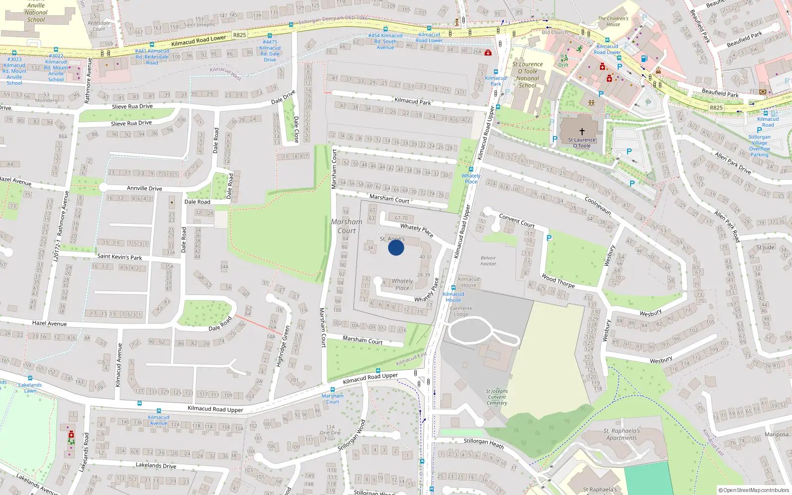 Overhead map showing the location of 73 Whatley Place, Kilmacud Road Upper, Stillorgan