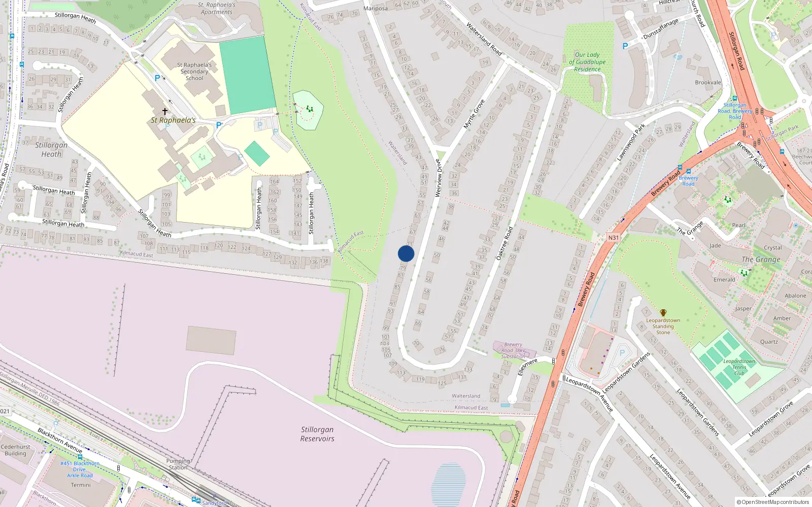 Overhead map showing the location of 73 Wierview Drive, Stillorgan, Dublin